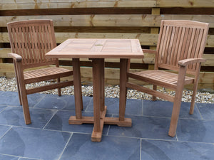 Small, 2 seater square teak outdoor dining table with 2 stacking teak armchairs