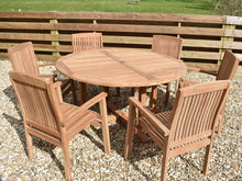 Load image into Gallery viewer, Patio Furniture's 6 seater circular outdoor teak dining set with stacking armchairs.