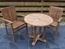 Load image into Gallery viewer, Small, 80cm round teak outdoor dining table with 2 stacking armchairs