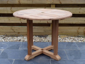 Small, 100cm Round Teak outdoor dining table with pedestal style base, suitable for commercial use
