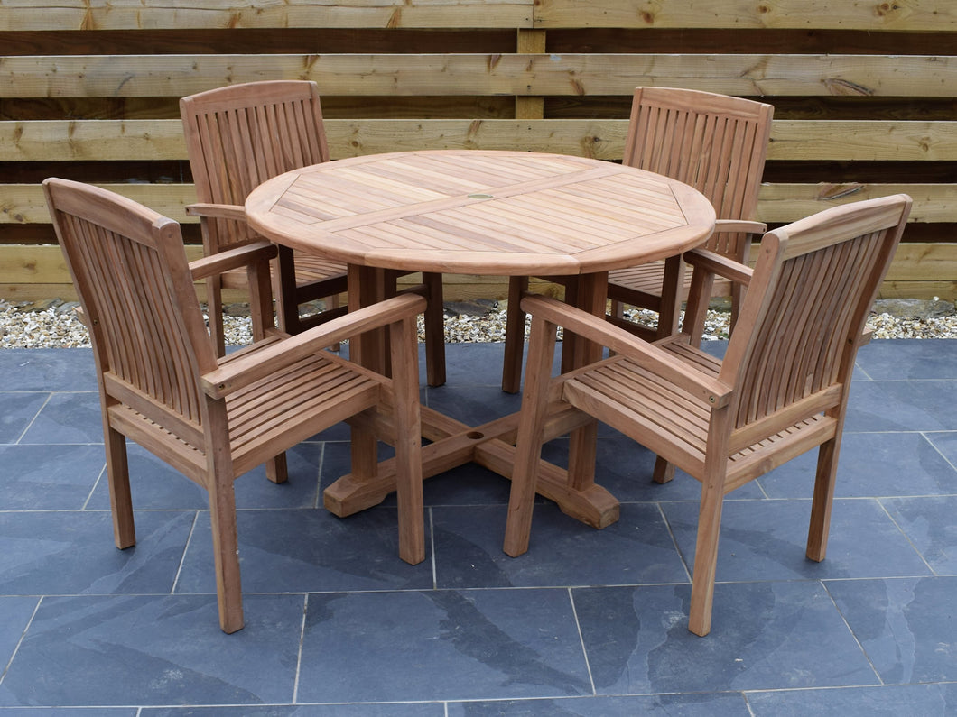 Large, 120cm round teak pedestal style table and 4 stacking armchairs, suitable for commercial use