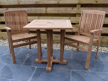 Load image into Gallery viewer, Small, 2 seater square teak outdoor dining table with 2 stacking teak armchairs
