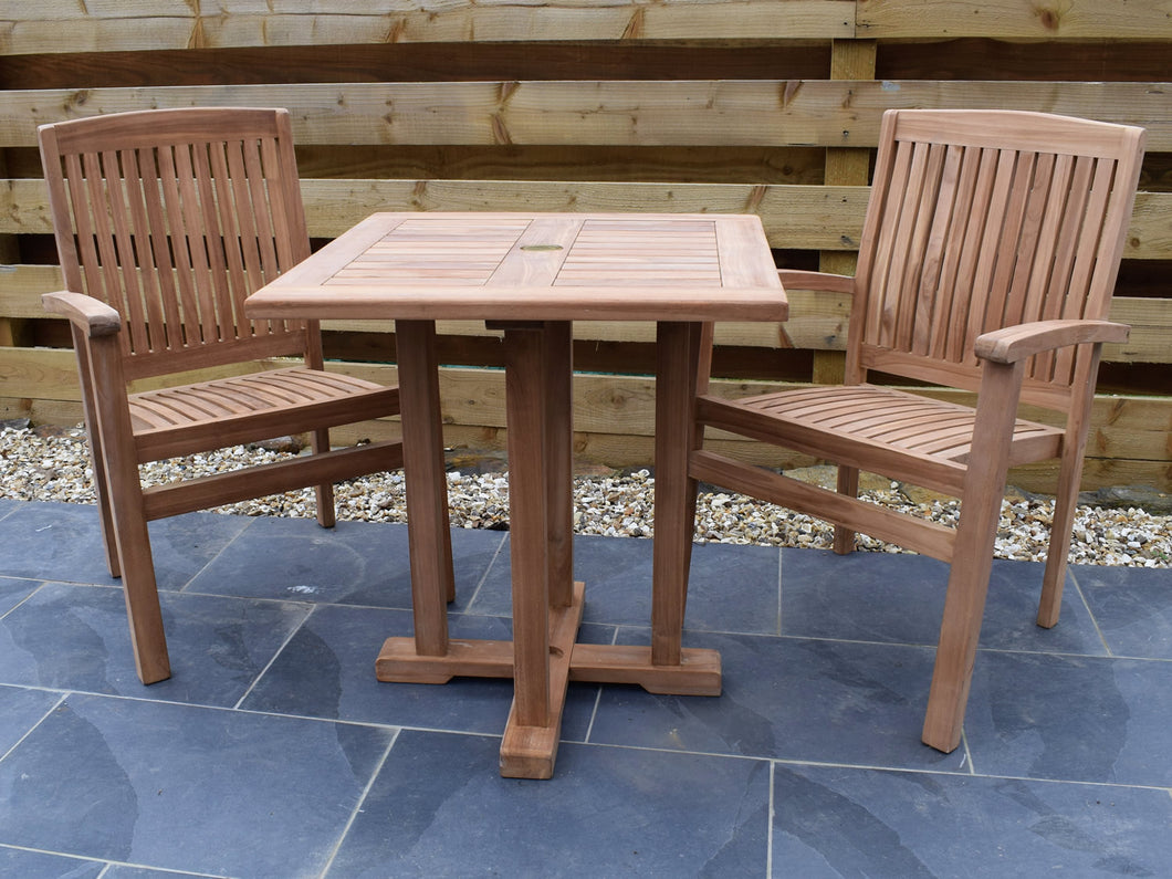 Small, 2 seater square teak outdoor dining table with 2 stacking teak armchairs
