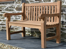 Load image into Gallery viewer, beautiful 2 seater teak big classic outdoor bench with scroll detail arm rest