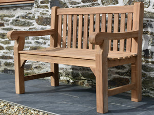 beautiful 2 seater teak big classic outdoor bench with scroll detail arm rest