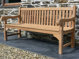Beautiful chunky big classic 4 seater outdoor garden bench with scroll arm rest detail