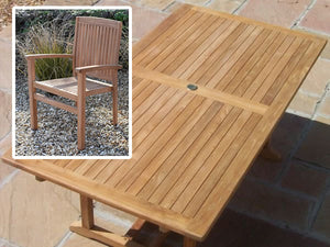 Patio Furniture's 6 seater, 160cm rectangular outdoor teak dining set with stacking armchairs