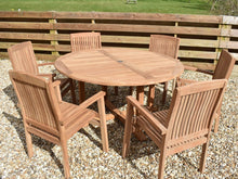 Load image into Gallery viewer, Patio Furniture&#39;s 6 seater circular outdoor teak dining set with stacking armchairs. 