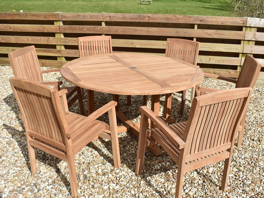 Patio Furniture's 6 seater circular outdoor teak dining set with stacking armchairs. 