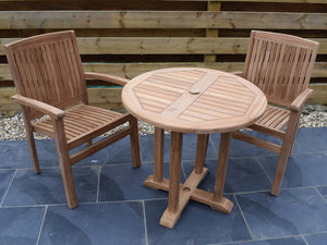 Small, 80cm round teak outdoor dining table with 2 stacking armchairs