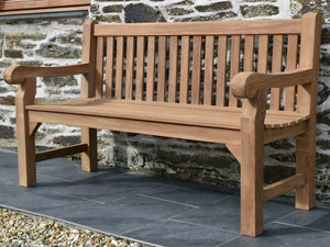 beautiful big classic 3 seater outdoor garden seat with scroll arm rest detail