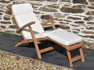 Traditional teak garden steamer style recliner chair with classic natural ecru colour cushion
