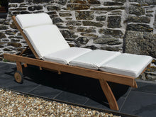 Load image into Gallery viewer, Traditional teak wood outdoor sun lounger with classic natural ecru colour cushion