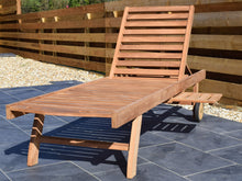 Load image into Gallery viewer, traditional teak garden sunlounger with pull-out side table