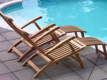 Load image into Gallery viewer, side view of our classic teak folding steamer style garden lounger chair