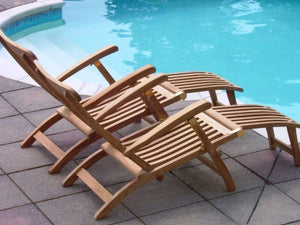 side view of our classic teak folding steamer style garden lounger chair