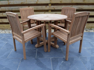 Small, 100cm round teak commercial grade pedestal style outdoor dining table with 4 stacking armchairs